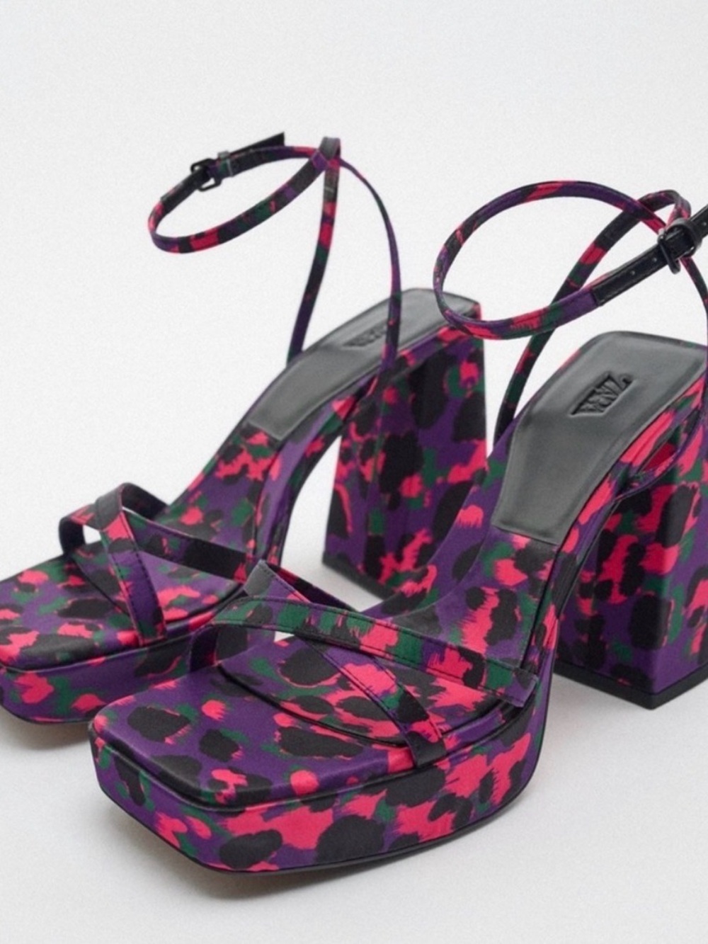 Zara Purple and Pink Printed Platform Satin Block Heels
